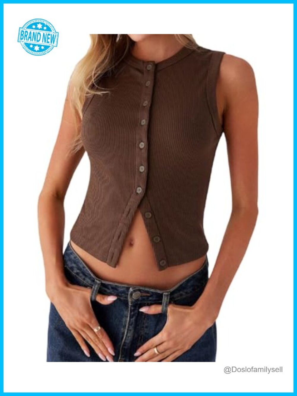 Women Button Down Ribbed Tank Top Slim Fit Sleeveless Crop Vest